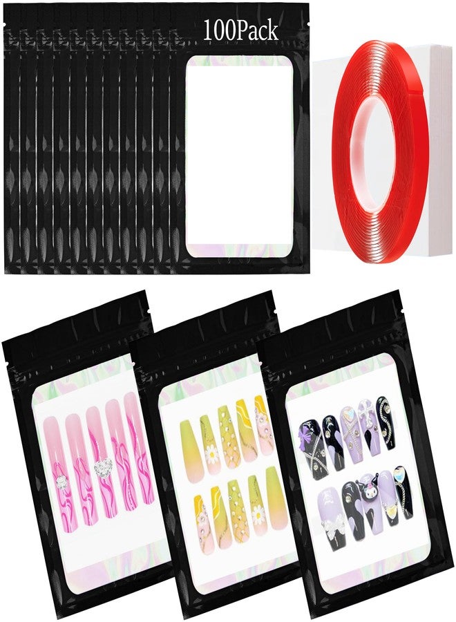 Qenk 100PCS Empty Solid Black Holographic Nail Storage Bag Press on Nail Packaging Bag and 100PCS Shiny white cardboard Nail Tips Packaging Bags with 1 Roll Transparent Tape - Image 1